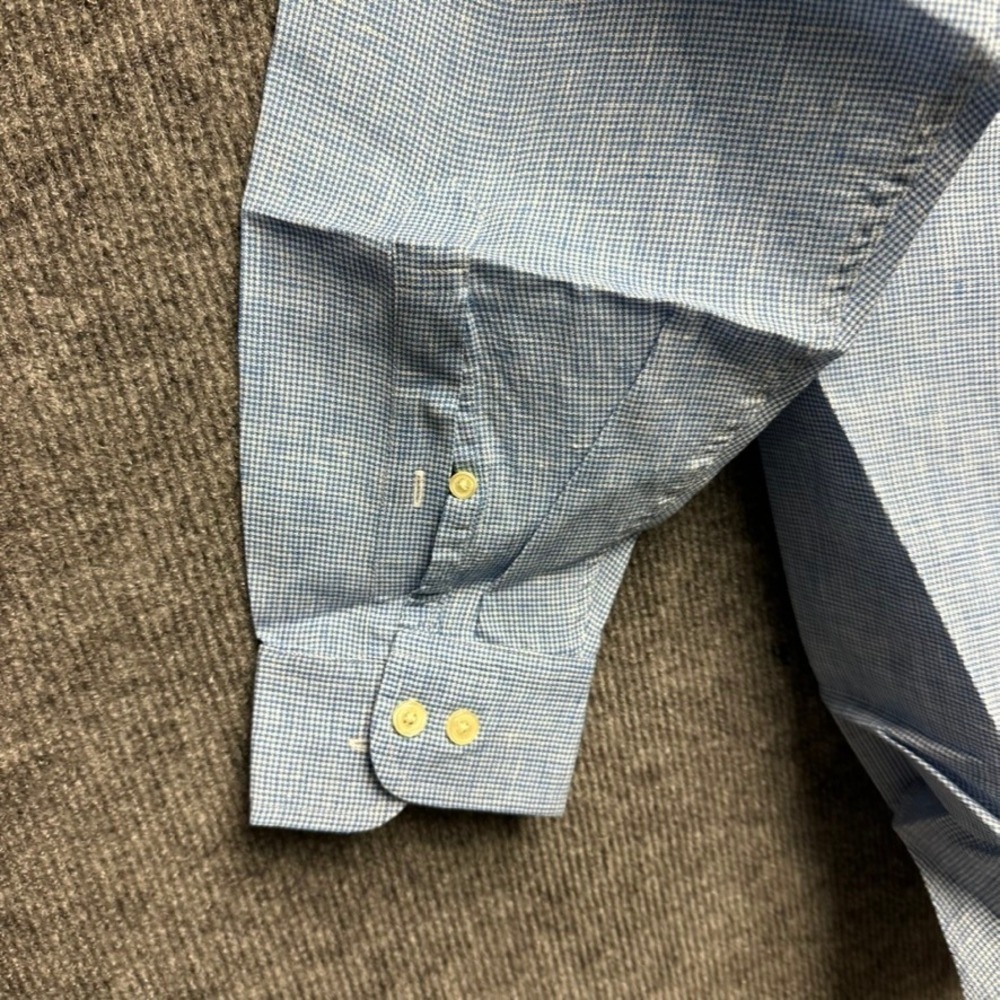 Brooks Brothers Mens L Irish Linen Blue Micro Houndstooth Button Down Shirt - Picture 12 of 12